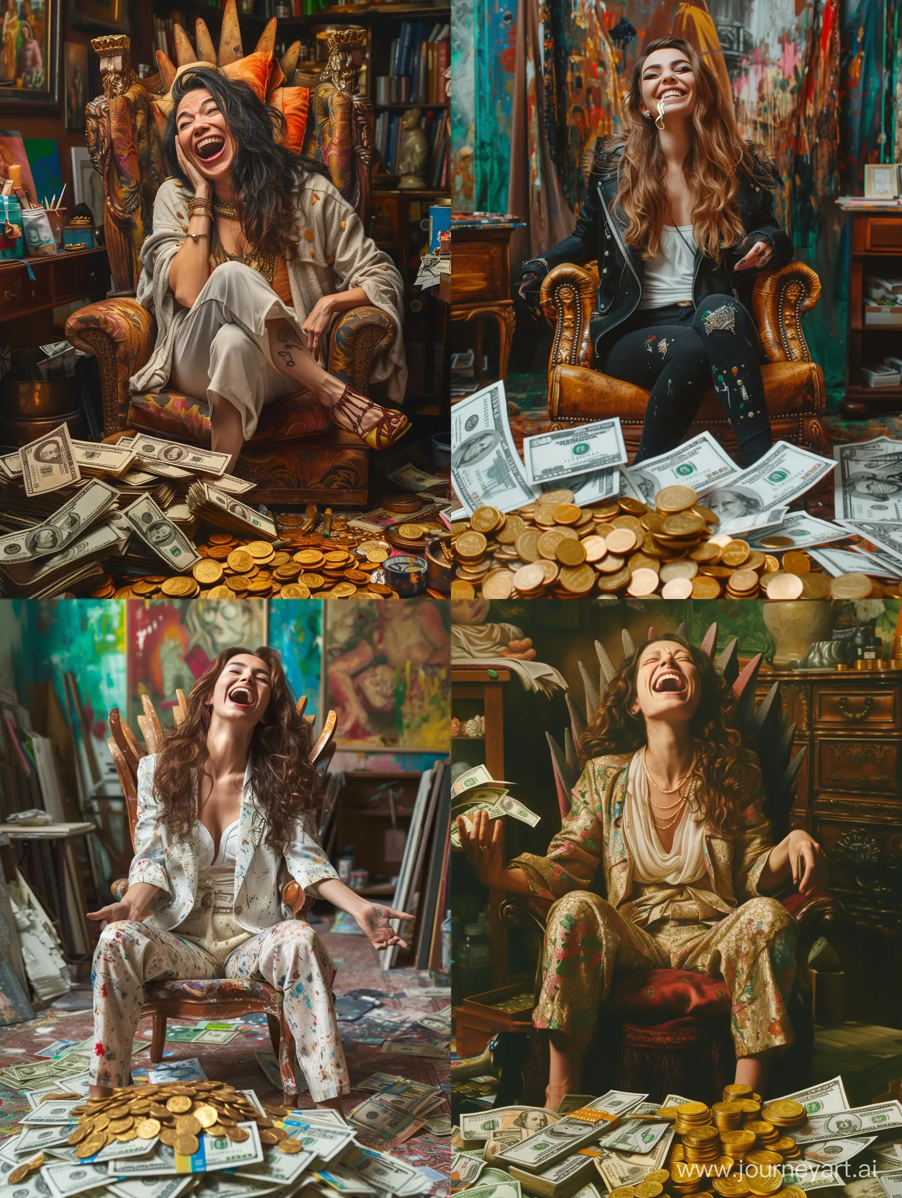 Excited-Female-Artist-Surrounded-by-Wealth-in-Luxurious-Studio