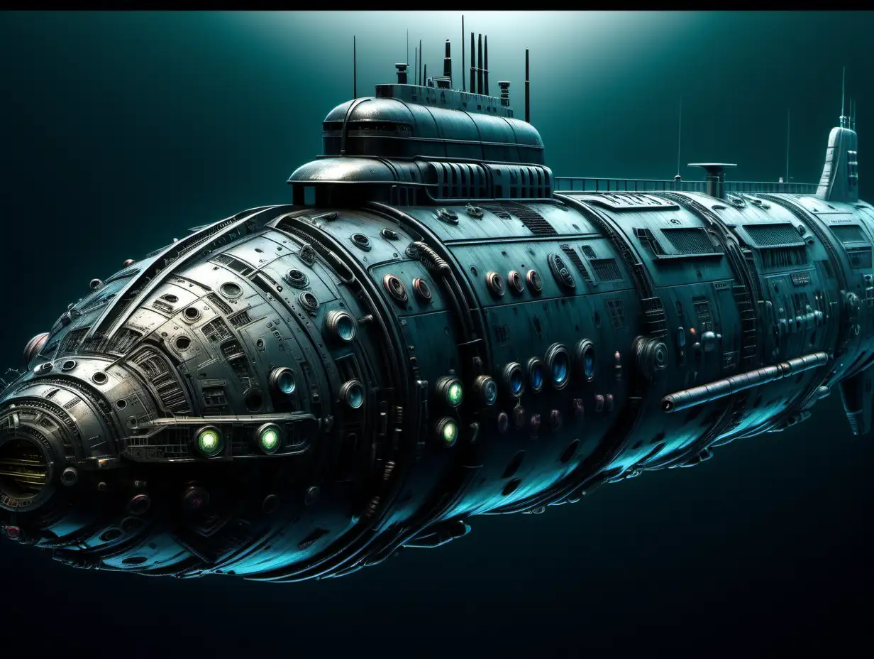 massive cyberpunk submarine. wide body. 1000 ton capacity. very intricately and microscopically detailed