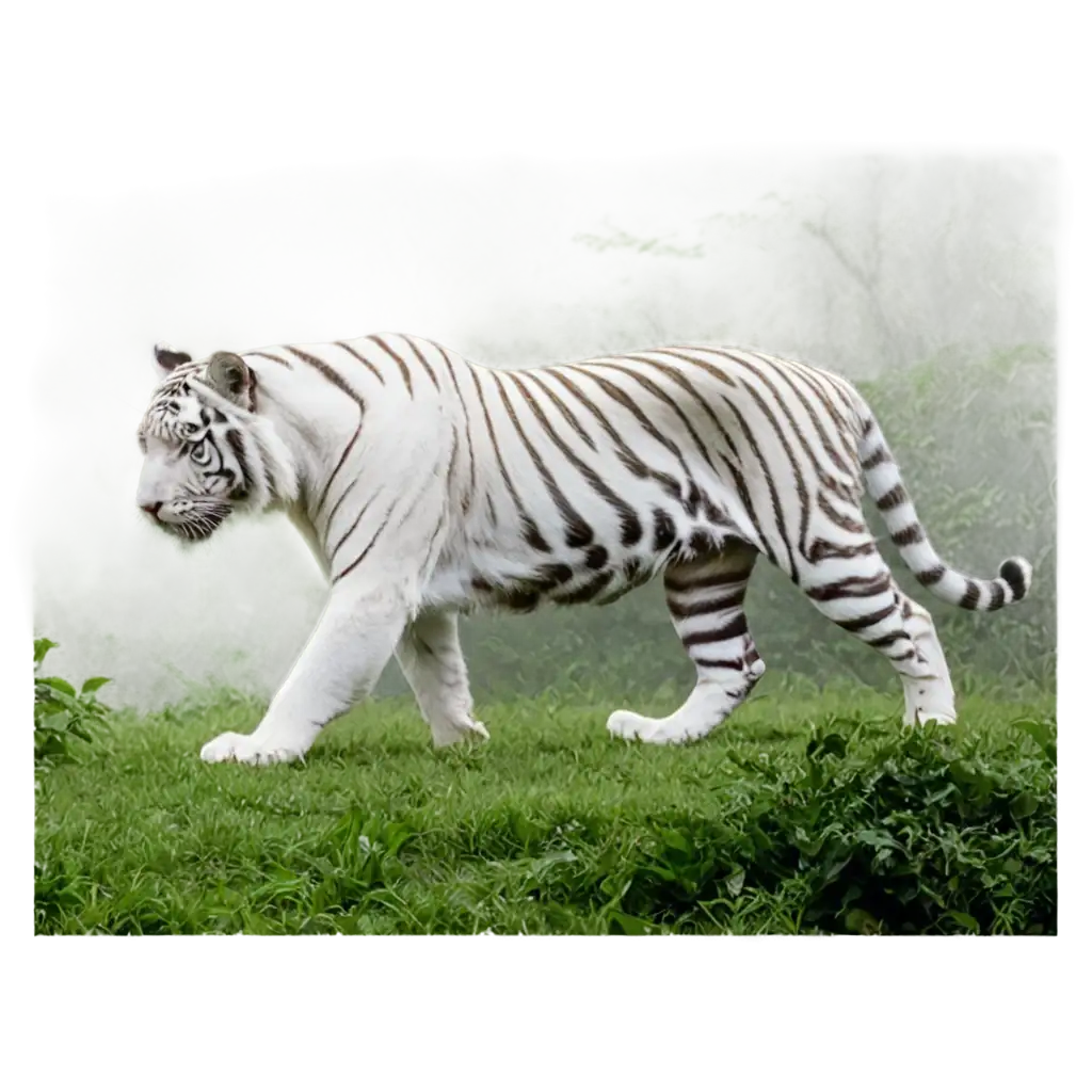 A regal white tiger prowling through a misty jungle landscape.