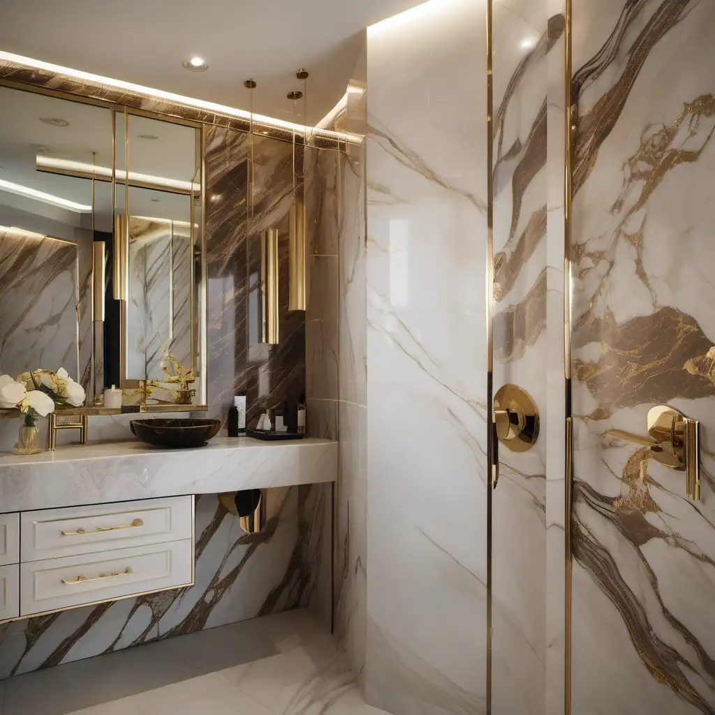 Luxury bathroom Brown marble tiles and gold hardware, floating sunken vanity