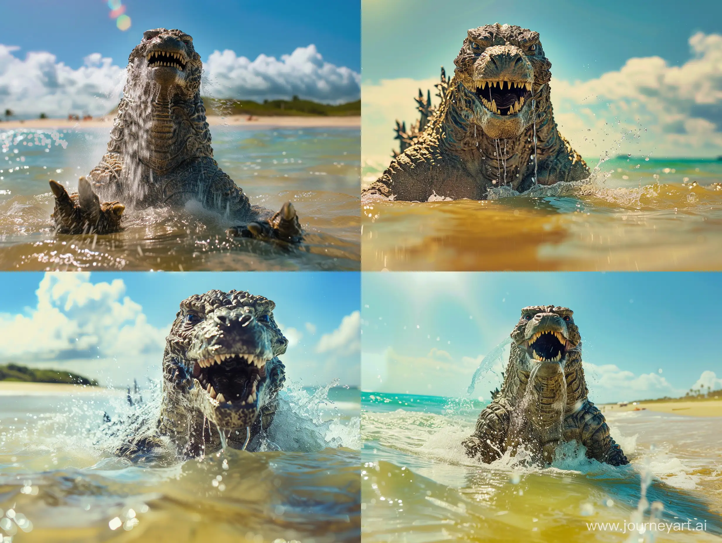 Godzilla rising up out of the ocean,  water dripping off of his body, Looking into the camera, Sunny day at the beach, vivid colors, high detail, midrange shot