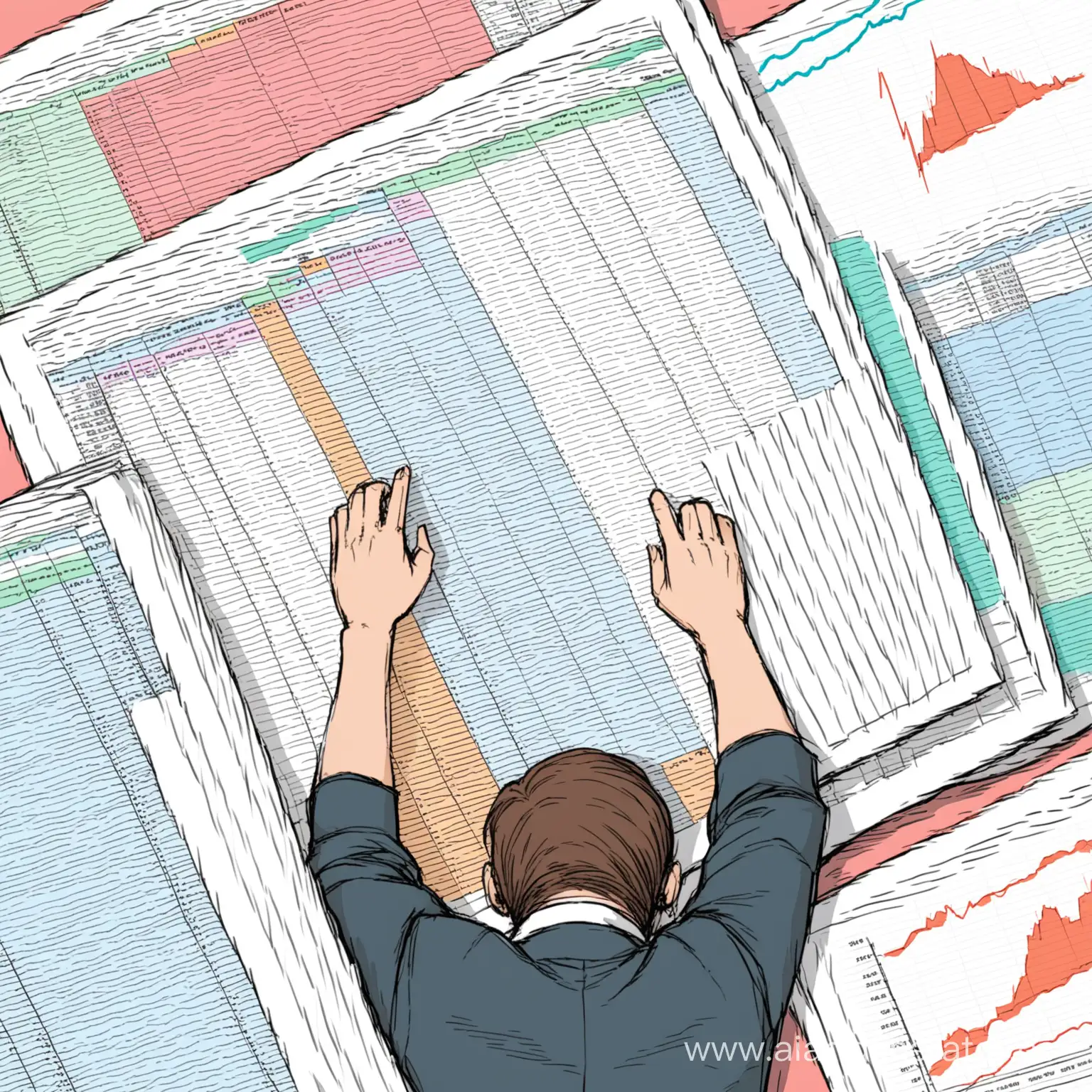 Somebody drowning in spreadsheets and charts
