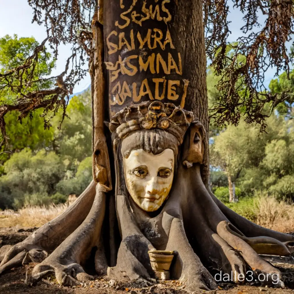 A tree with caved names on it "samira" "yasmina" "stavroula" 