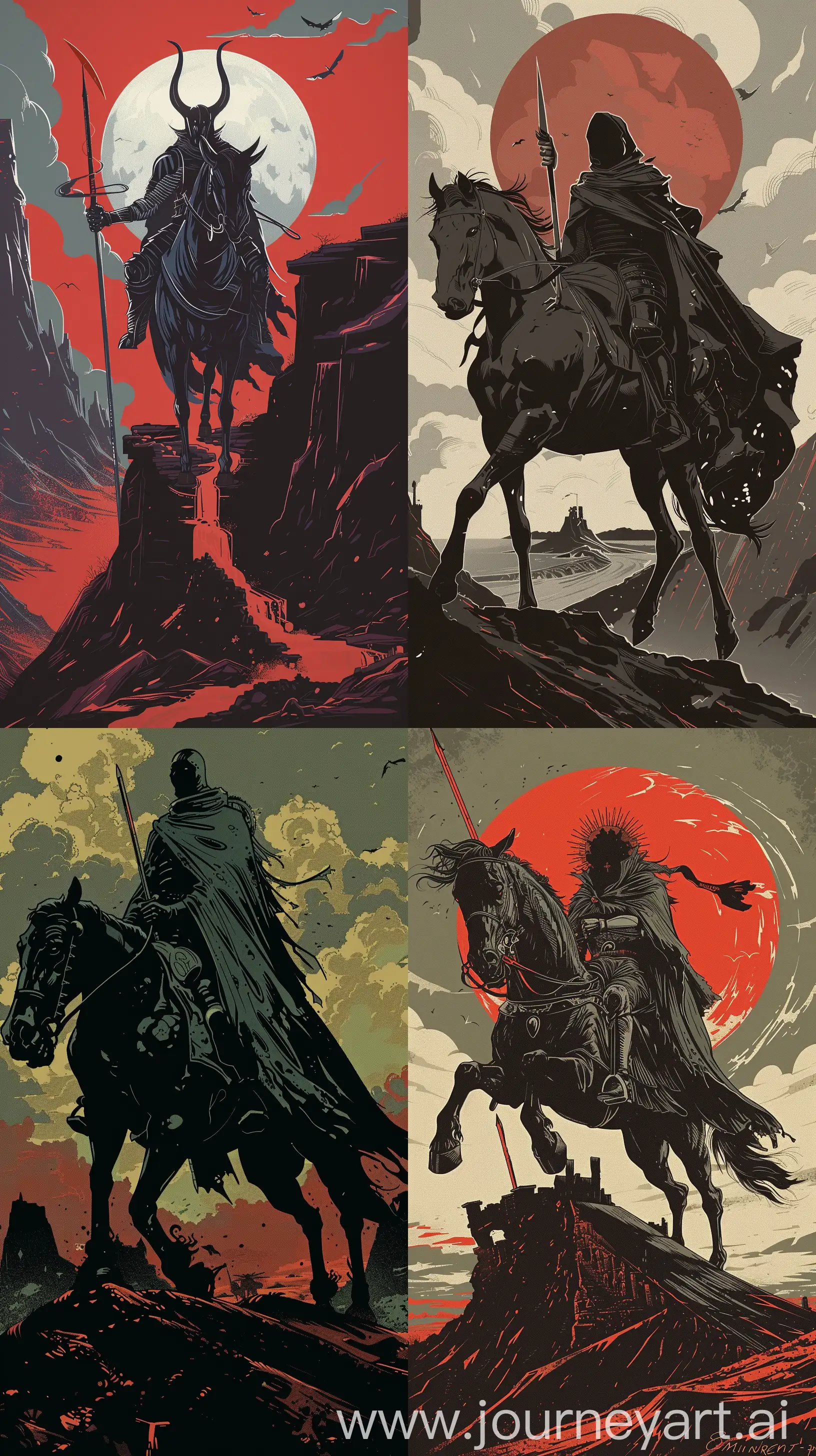Illustration , Depict a reimagined version of one of the Four Horsemen of the Apocalypse, adhering to Mignola's aesthetic. The character should be striking, with solid blacks and a minimalistic approach, set against a landscape that reflects the horseman's domain, whether it be war, famine, pestilence, or death. 8k uhd Maximalist Details, phone wallpaper, --ar 9:16