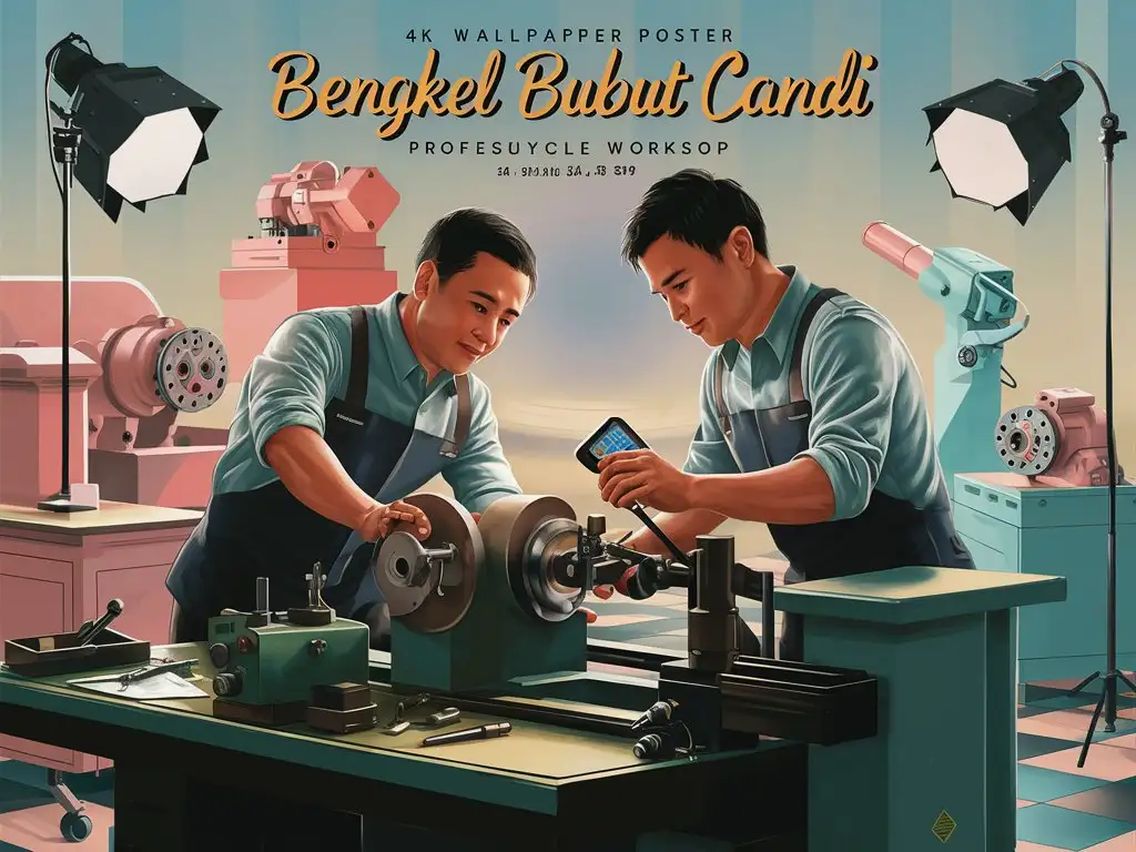 Game wallpaper poster art style "Bengkel Bubut Candi" a man work as proffesional lathe machine workshop,holding a calliper digital, motorcycle workshop,perfect light,studio light,pastel colour,perfect lathe machine,cylinder block lathe,colter machine,3d,4k,uhd