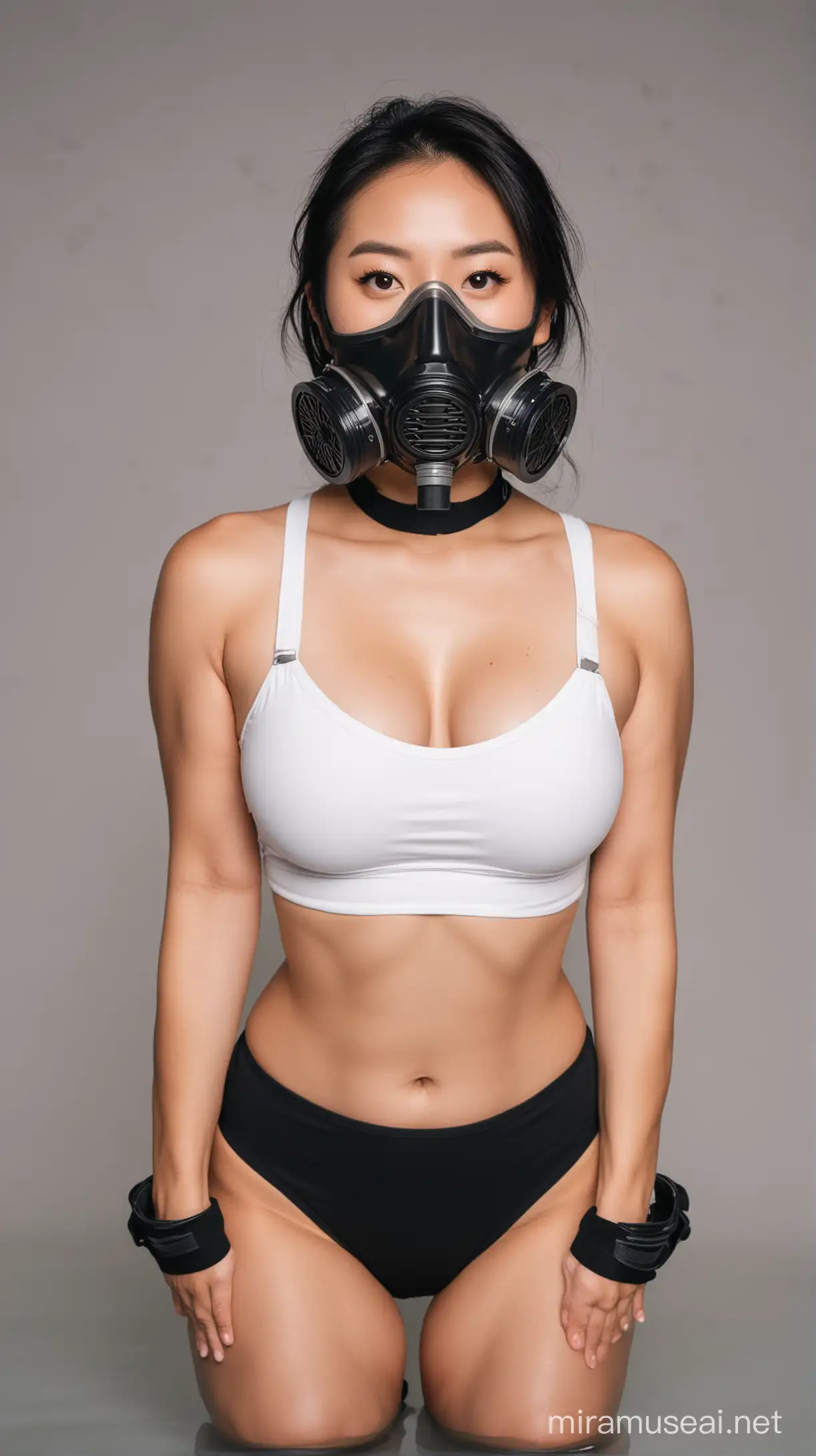 a bodacious asian woman in a white sports bra and black high-waisted swimsuit bottoms wearing a gas mask