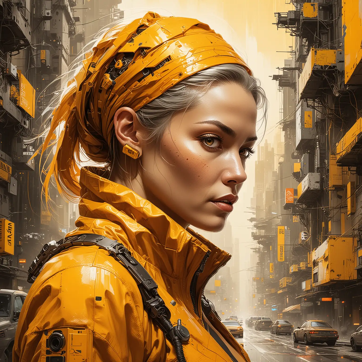 Design a bold and dynamic mixed-media artwork portraying a beautiful mature woman, a futuristic dystopia blending elements of cyberpunk and abstract expressionism, influenced by the styles of the gritty urban landscapes of tomorrow with {yellow} and {orange}.
