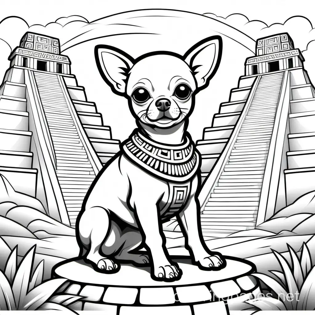 Chihuahua in Mayan city, Coloring Page, black and white, line art, white background, Simplicity, Ample White Space. The background of the coloring page is plain white to make it easy for young children to color within the lines. The outlines of all the subjects are easy to distinguish, making it simple for kids to color without too much difficulty