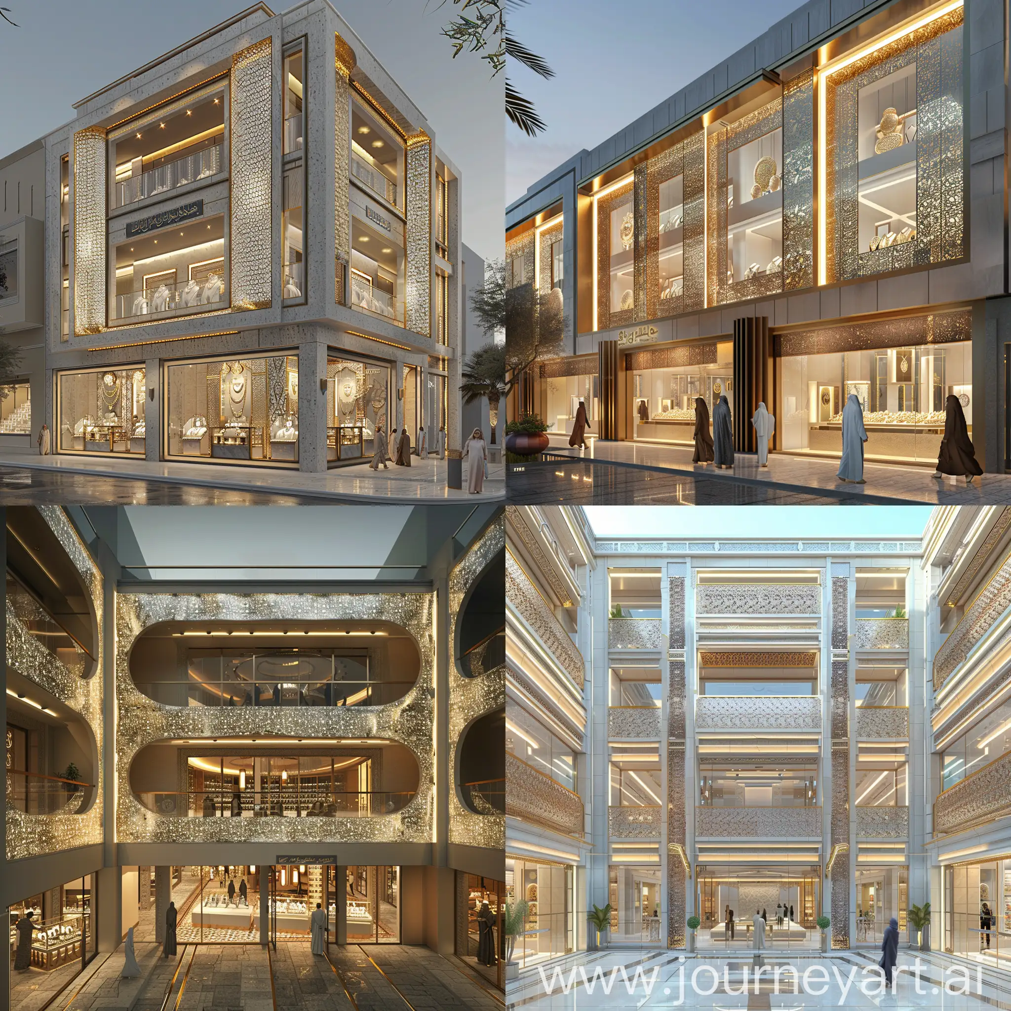 Hyper realistic render for modern jewelry shop with seven floors facades with islamic mashrabiya and pedestrian paths with gold strips and silver strips with luxurious shading with Hijazi Arabian style with interactive people -- s750 
