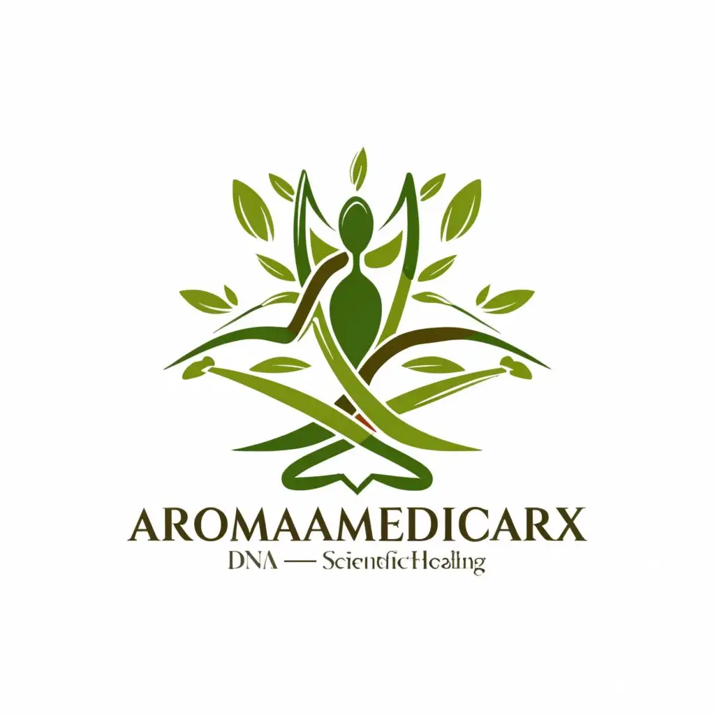 a logo design,with the text "AromaMedicaRx", main symbol:The main symbol of the logo would be the leaf in the yoga position. This symbolizes nature and wellness practices, specifically yoga. To integrate the concept of science into this design, you could consider incorporating subtle elements such as DNA strands wrapping around the leaf or forming patterns within it. This addition would symbolize the scientific aspect of healing and wellness while maintaining the essence of nature and mindfulness.,complex,be used in Beauty Spa industry,clear background