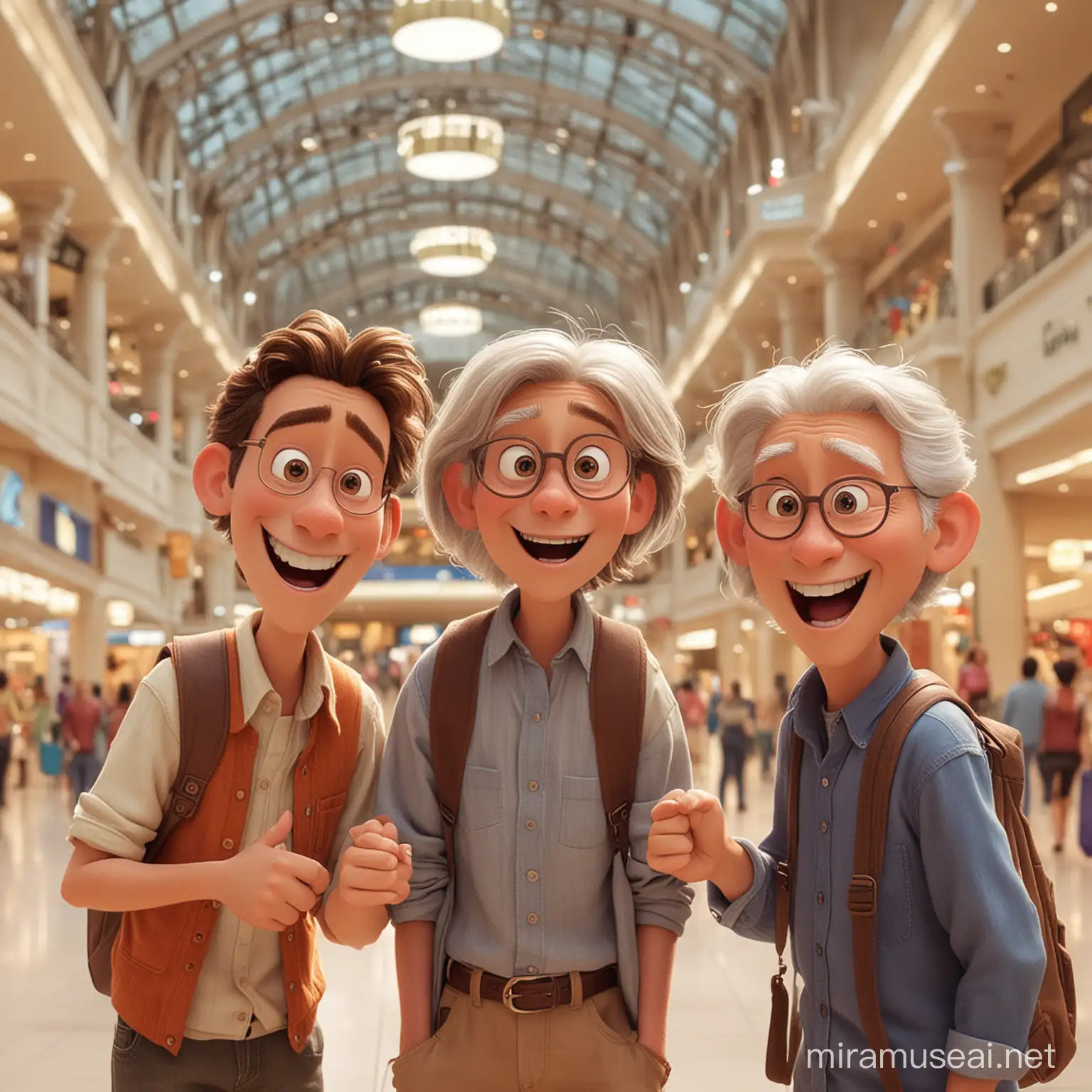 Three Friends Chatting Happily in a Vibrant Mall Disney Pixar Style