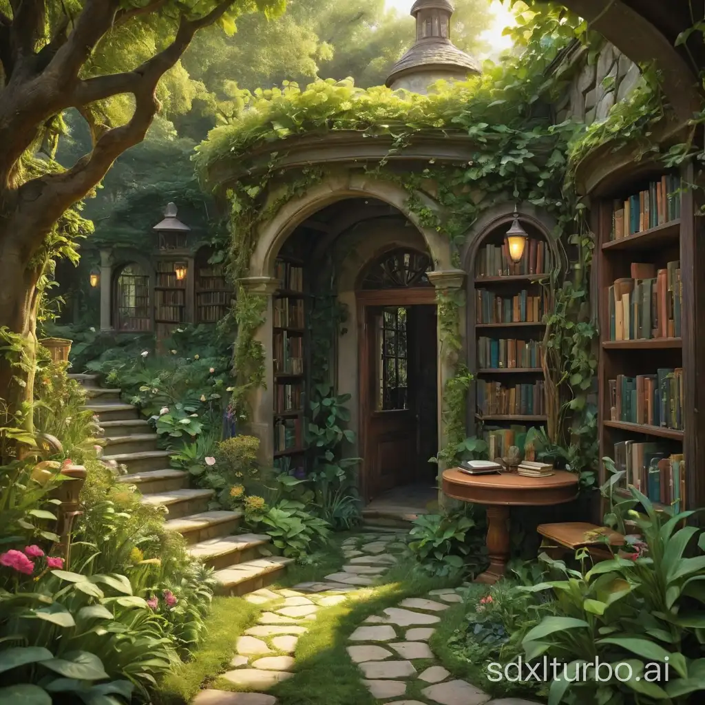Illustrate a magical library hidden in a secret garden, with winding paths, enchanting bookshelves, and cozy reading nooks
