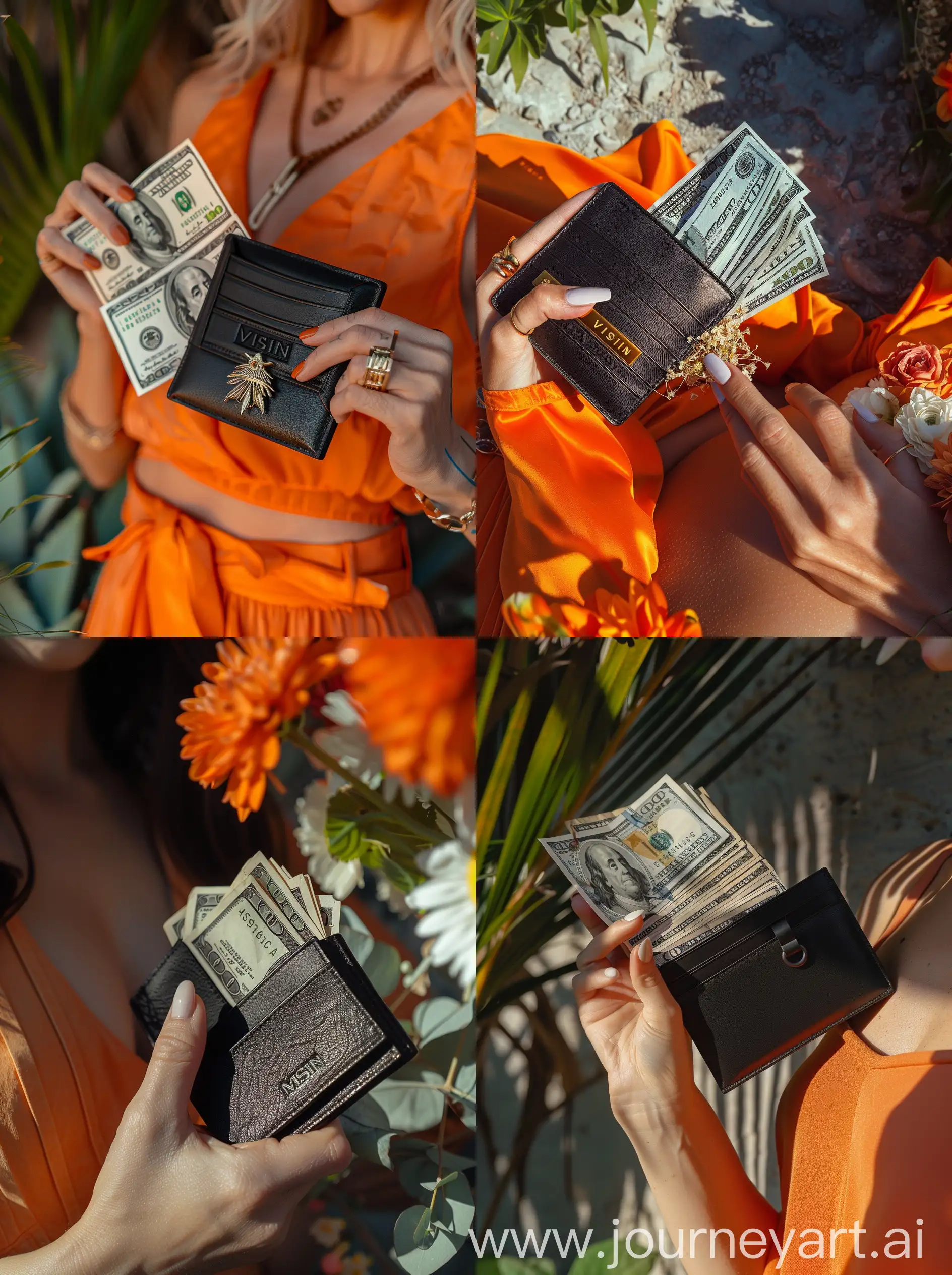 Woman-Holding-Black-Vissin-Leather-Wallet-with-Cash-and-Summer-Beauty-Products