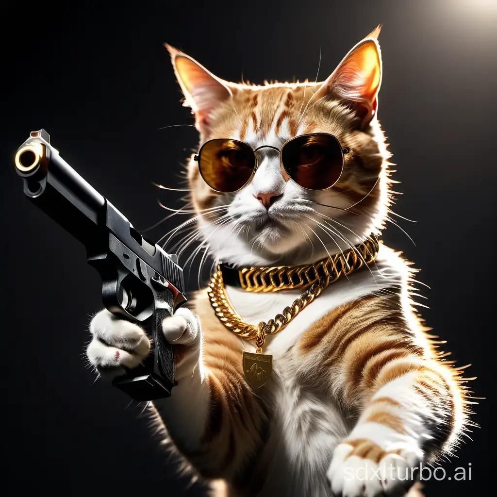 Masterpiece, 4K UHD, Ultra Realistic, Photograph of Cat pointing a gun at the camera, Wearing Sun glasses, Gold neck chain, Shadow