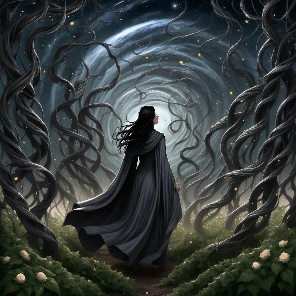 A dark-haired, gray-cloaked woman surrounded by a whirlwind of leaves with her back to us, and a gray-cloaked man standing far away underneath a starry sky.  Vines, branches, and flower blooms grows from the ground around them.