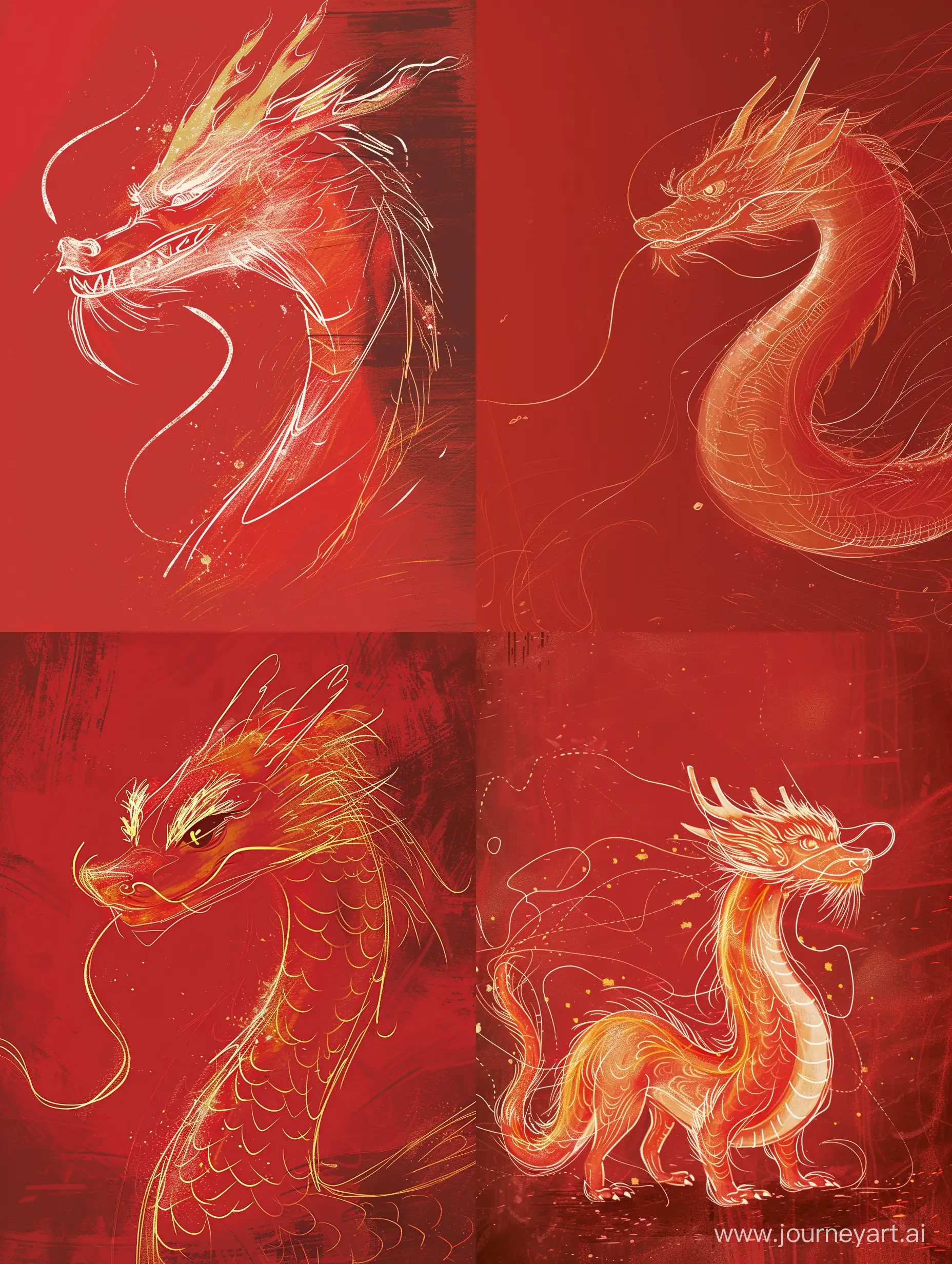 Chinese New Year illustration, red Chinese dragon, with slender gold exterior outline, fine brushwork, caricature-like, red background