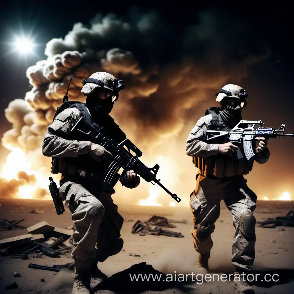 Ава спецназ с ак-47 в руках отстеливается от террористов убивая в голову в пустыне и урогане Ночью на заднем плане взрывы и взорватая техника
