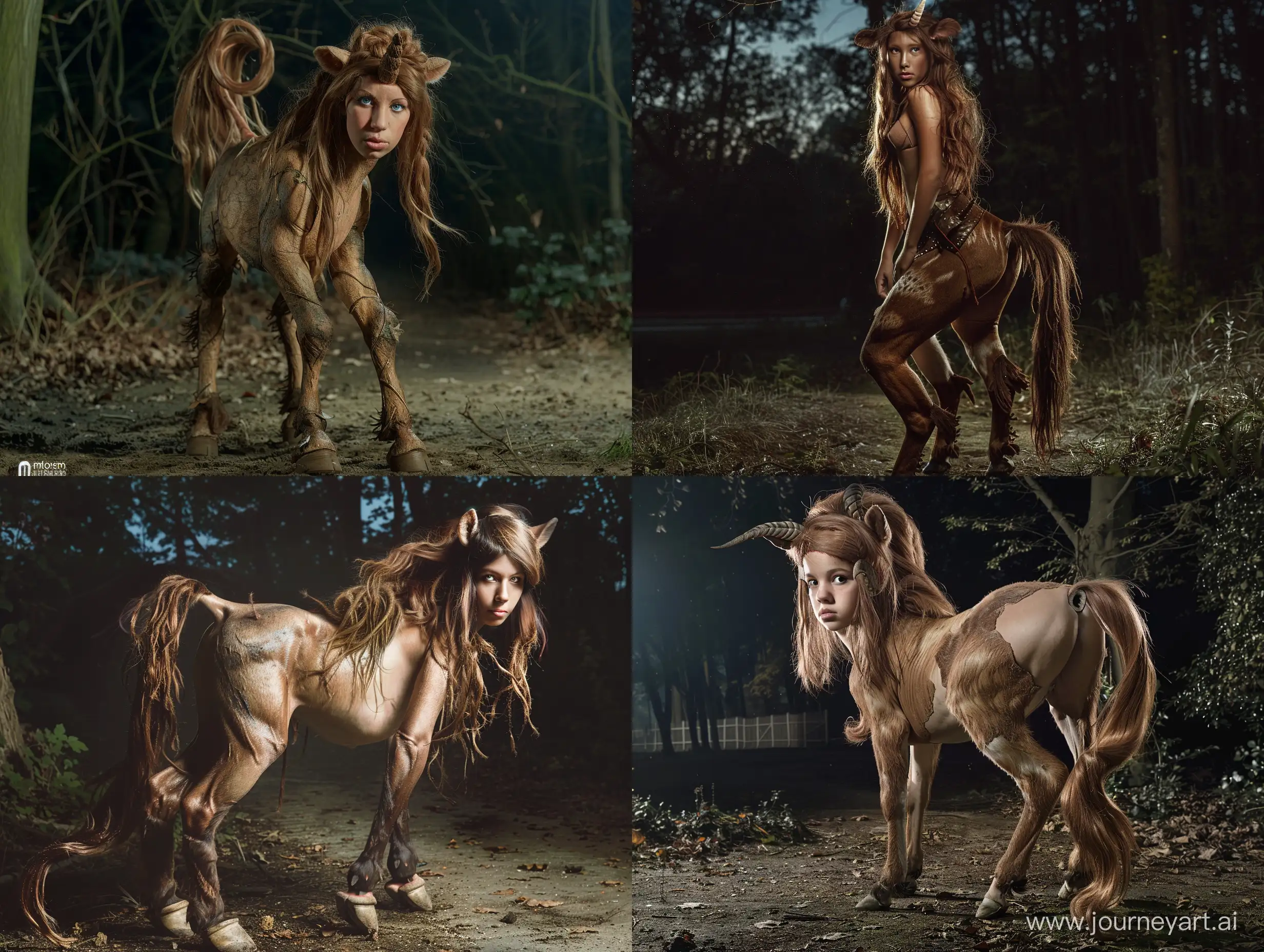 A female centaur. She has hooves and a tail. She has loose brown hair. She is standing on all fours in a forest at night. Realistic photograph, full body picture