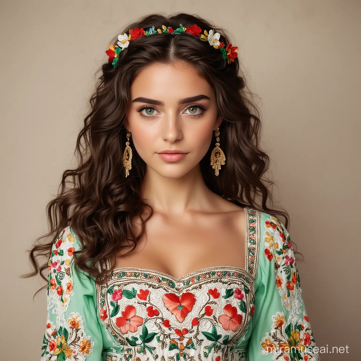 a very beautiful greek goddess dark brown wavy hair half up heart shaped face green eyes wearing a colorful embroidery boho dress