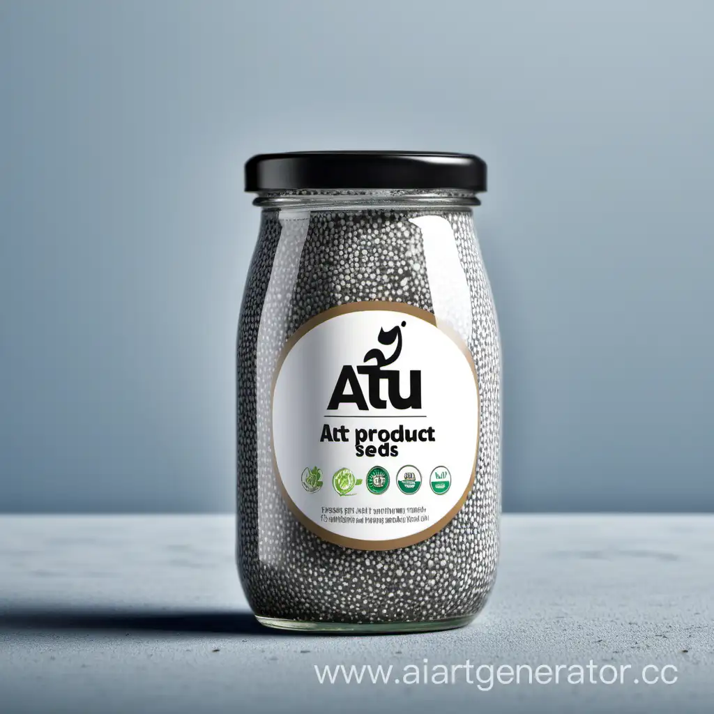 Упаковка для кефира с семенами чиа. Название продукта "ATU product". 250 мл стеклянная баночка.
