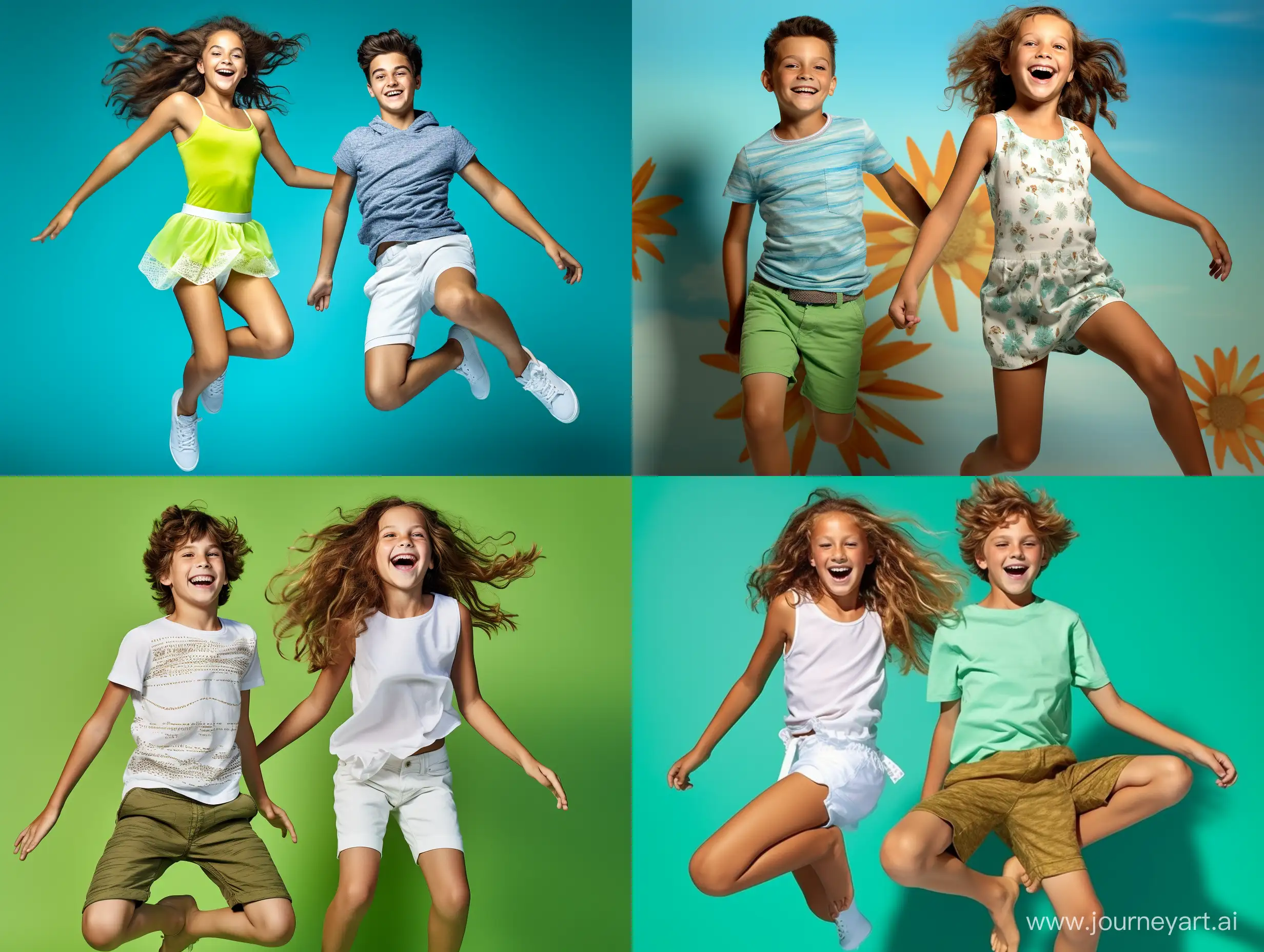 a photorealistic bright high detail full body high contrast frontal photo of joyful happy jumping smiling Caucasian boy and girl 7 and 10 years old in summer clothes of bright colors, summer, clear green background, sunlight from back and above, full height frontal symmetrical photo, stock photo, sharp focus, 4K, best quality, extremely detailed, detailed clothing, highly detailed,   sharp focus,  centered image composition, 8K