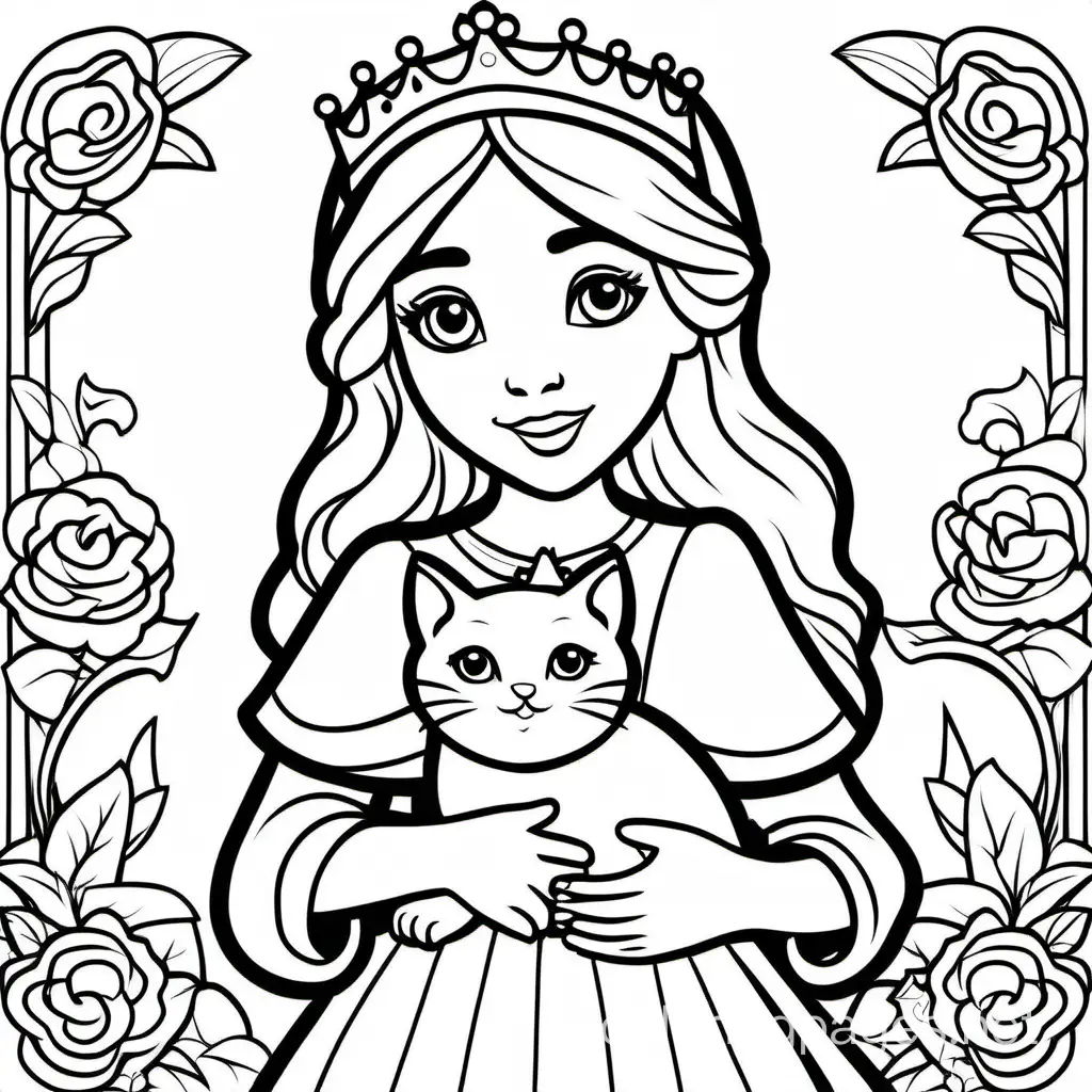 a princess holding a kitten full picture, Coloring Page, black and white, line art, white background, Simplicity, Ample White Space. The background of the coloring page is plain white to make it easy for young children to color within the lines. The outlines of all the subjects are easy to distinguish, making it simple for kids to color without too much difficulty