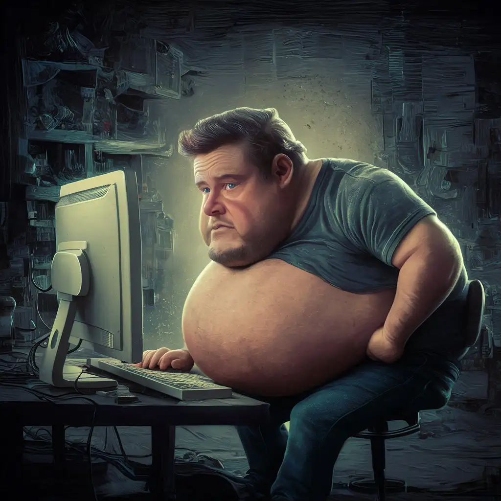 Man-with-Beer-Belly-Working-at-Computer-Desk