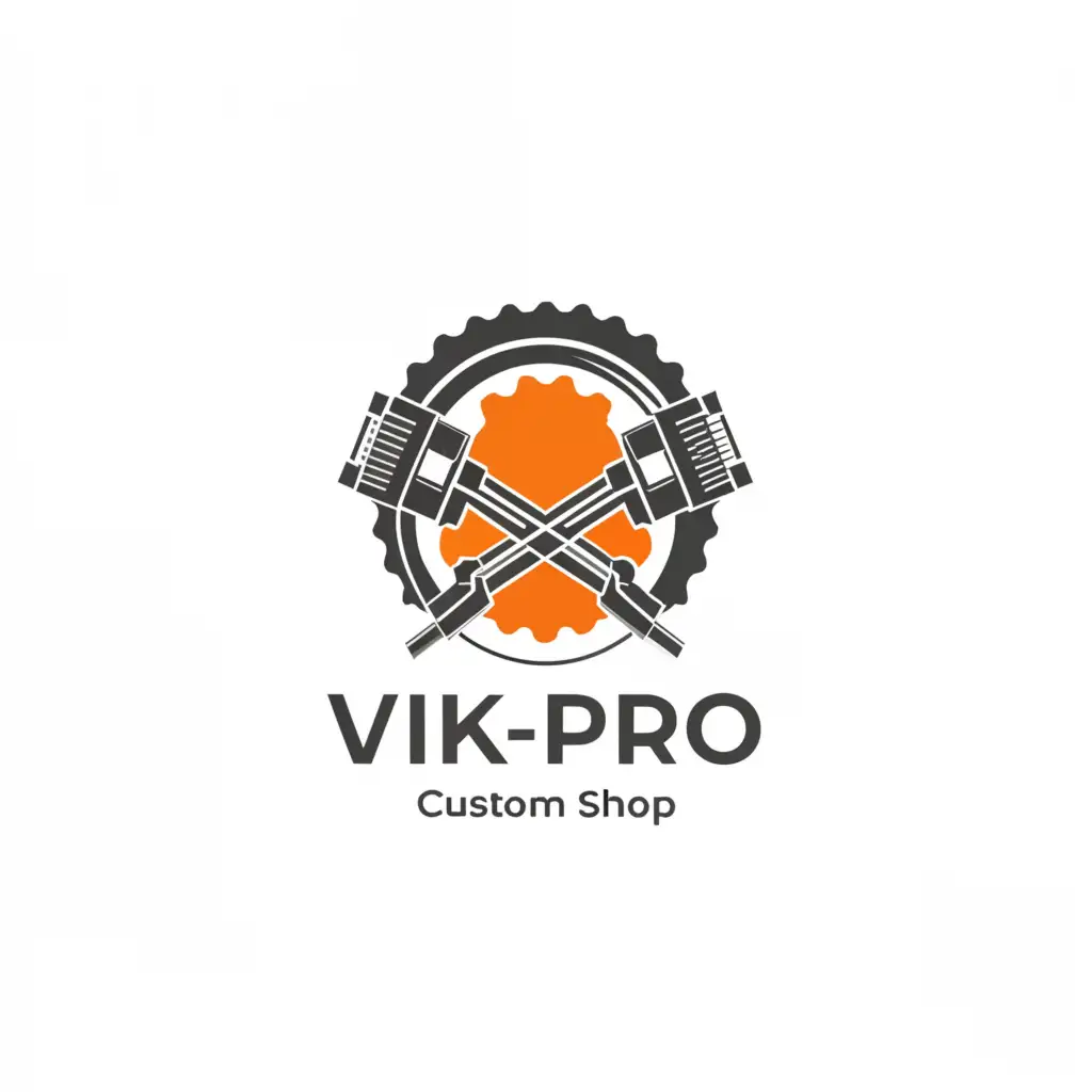 a logo design,with the text "vik-pro", main symbol:auto repair shop, round logo, "custom" written below Logo name, crossed pistons, turbocharger in the back,Minimalistic,be used in Automotive industry,clear background