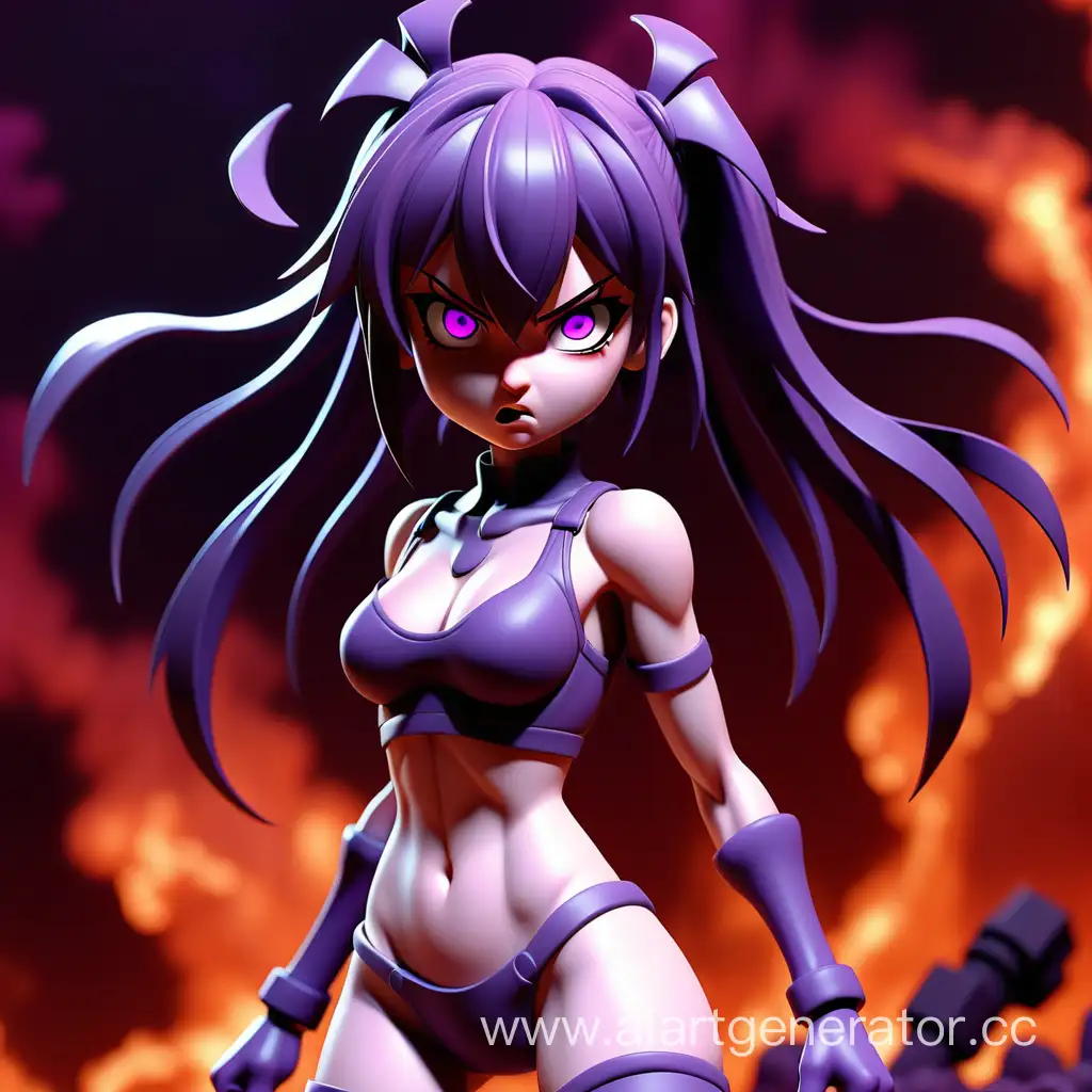 3d anime girl aggressive in full growth with purple color Against the background of hell