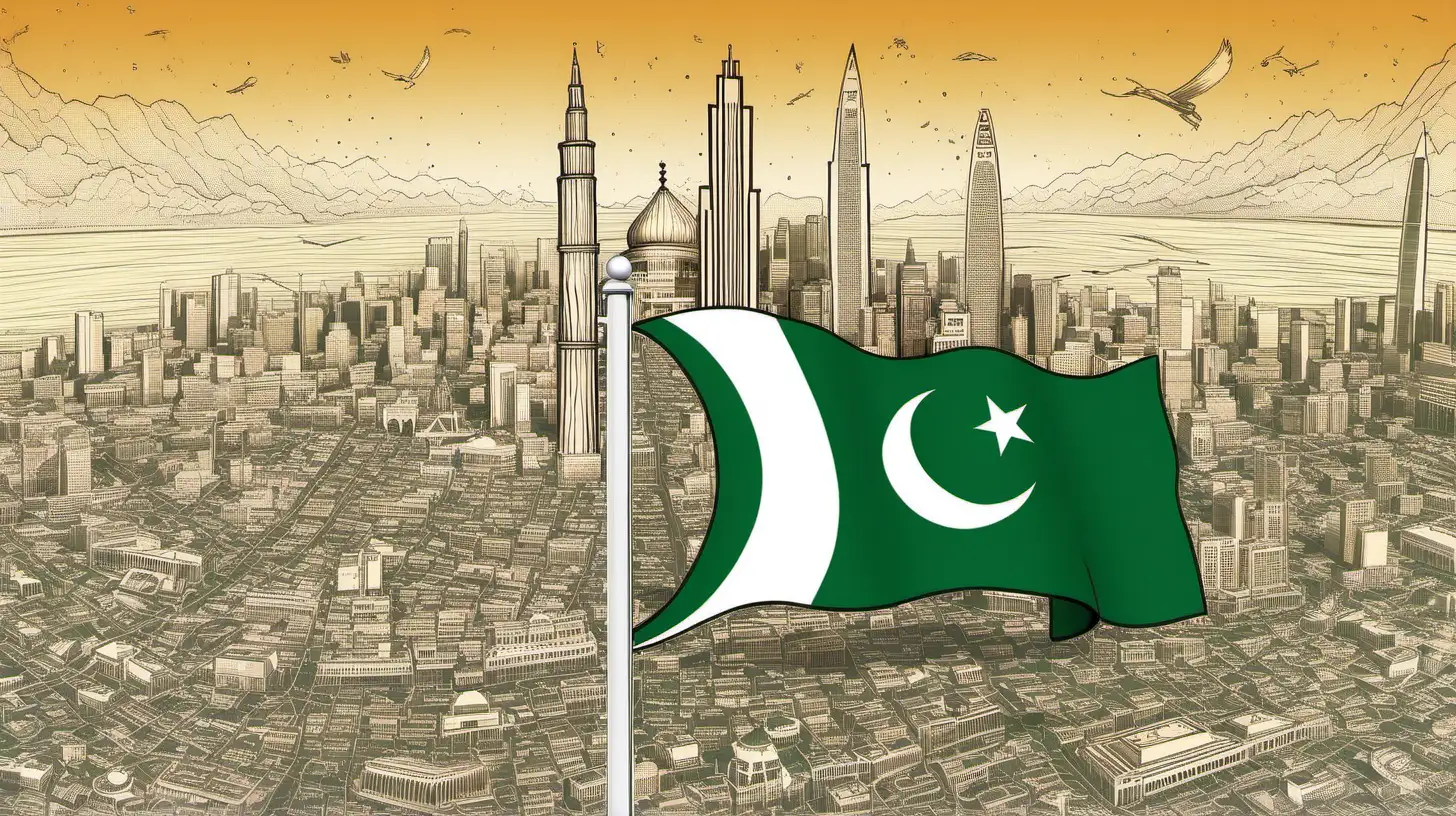"Create a vibrant and dynamic image of the Pakistani flag waving proudly against a backdrop of the country's iconic landmarks, with the map seamlessly integrated."