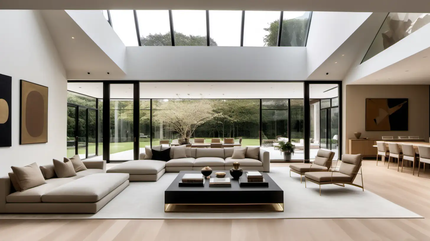 Grand Modern Minimalist home open plan living area with double height ceilings; artwork;  beige, oak, brass colour palette; floor to ceiling windows
