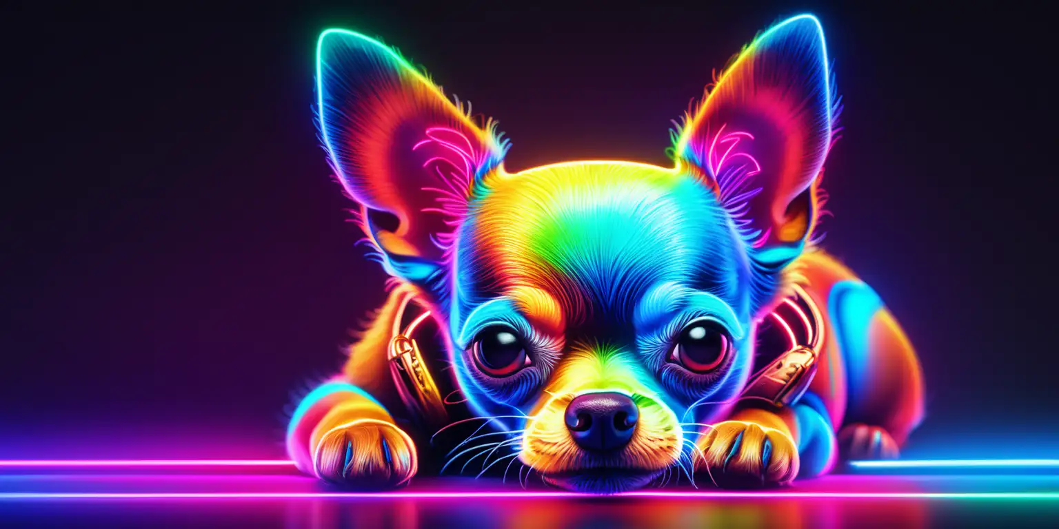 Vibrant Neon 4K Art Featuring a Playful Chihuahua