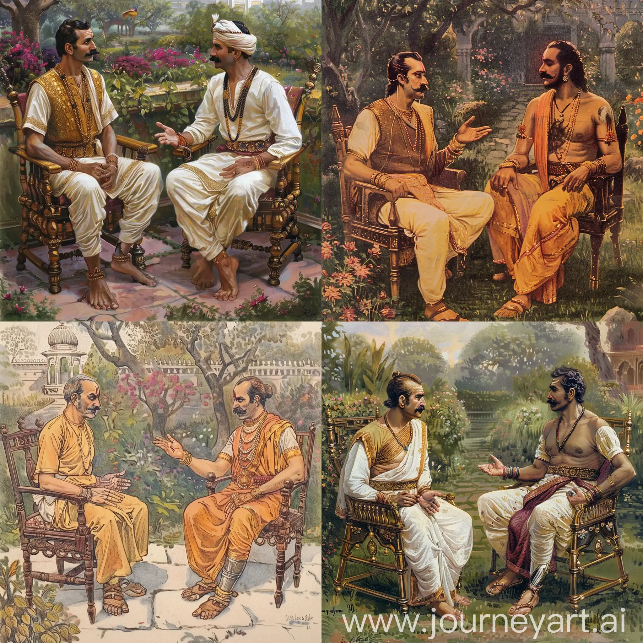 Year is 1500 CE. Imagine two rajput kings talking to each other sitting on chairs in a garden. One king has moustache and clean shaven, one hand is amputated. The other king has moustache and beard. Both kings are 30 years old.