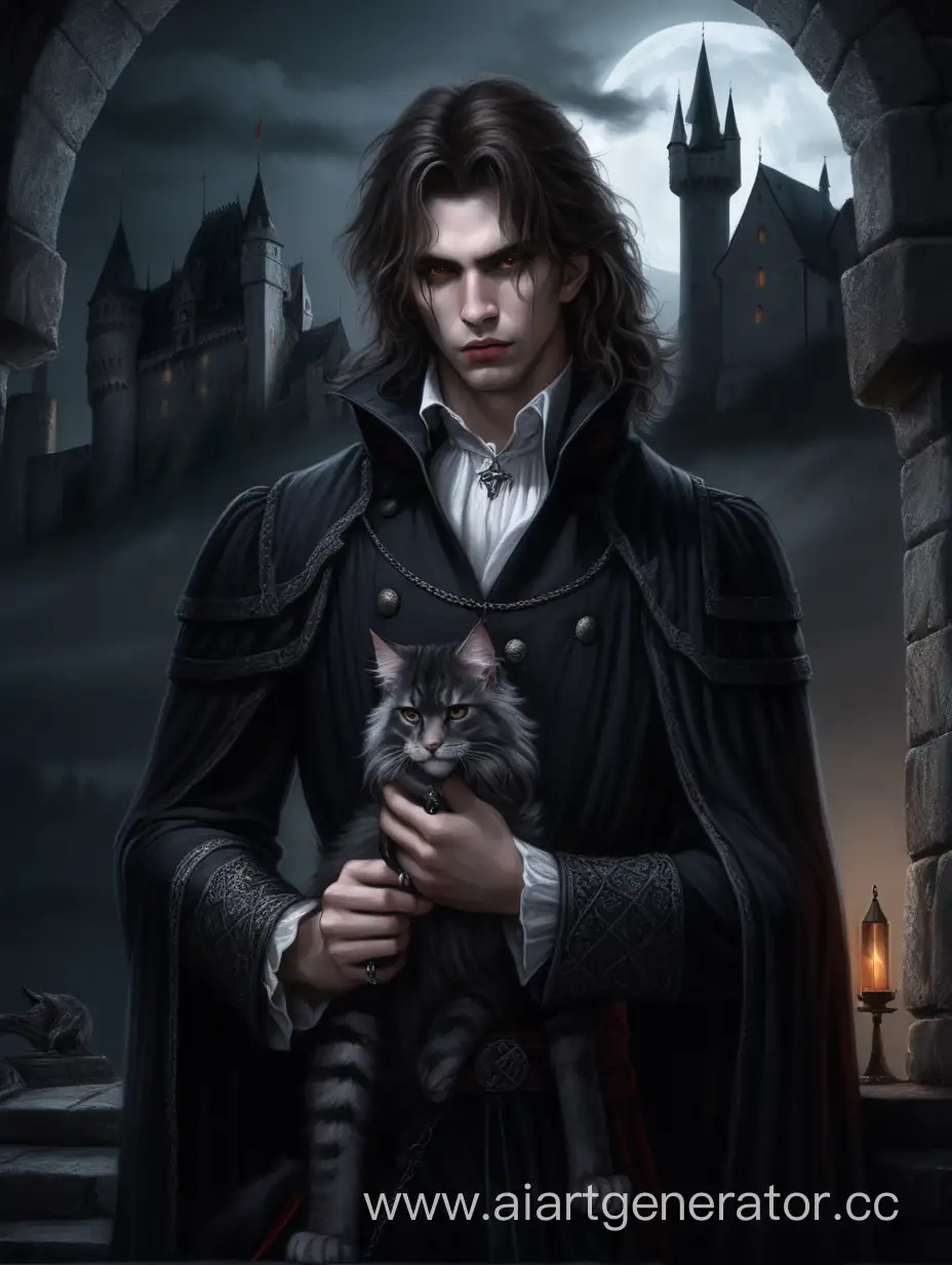 мрачный фон, средневековый замок, молодой человек, вампир, в руке кинжал, красиво, высокая детализация, приглушенное освещение, темная одежда, мейн-кун черный