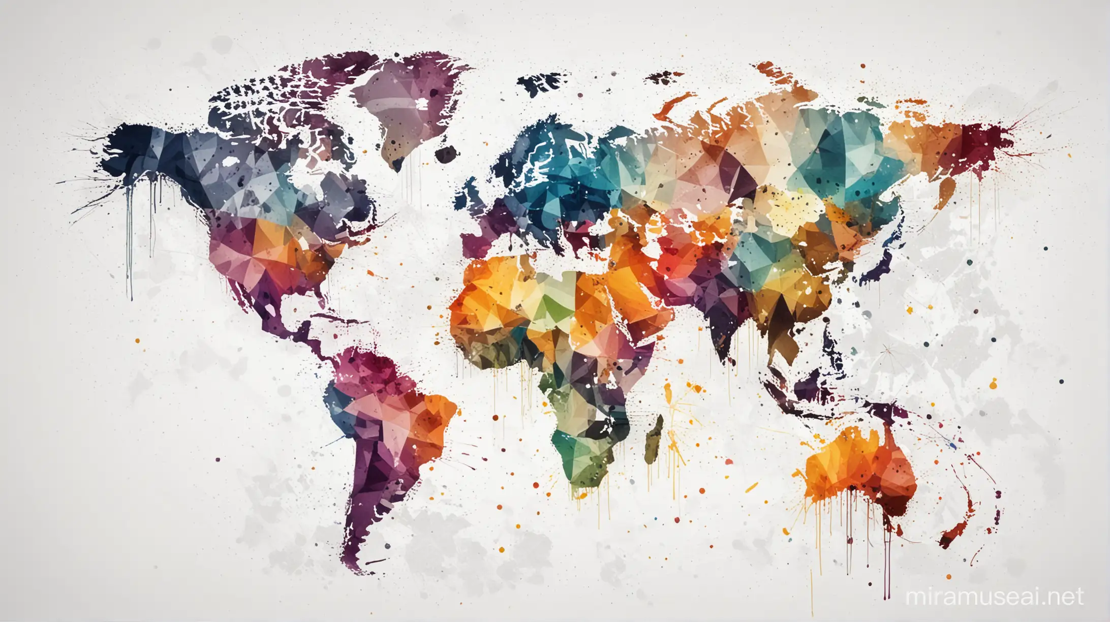 Geometric World Map with Paint Splatters on White Background