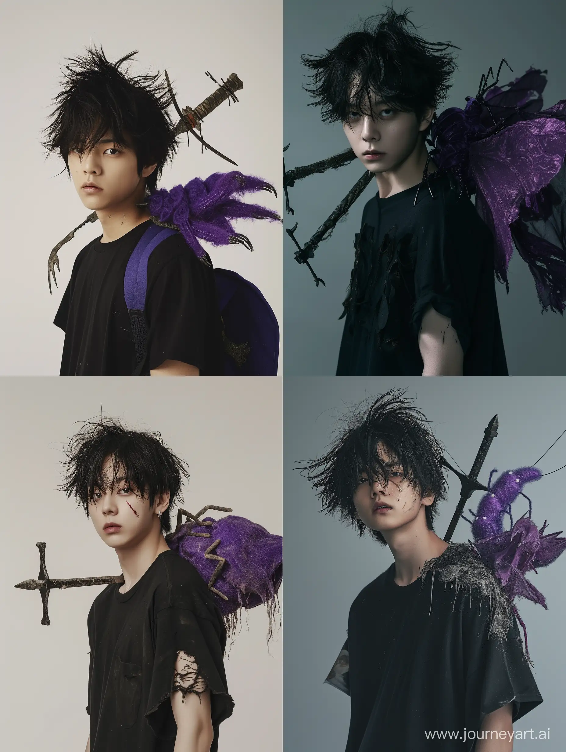 Made a super high angle photo of a young guy like taehyung or a Korean idol with messy black hair, his body clearly sweating. Very HD. The costume is a black t-shirt. On his shoulder was a large purple caterpillar. Holding a two-pronged broken sword