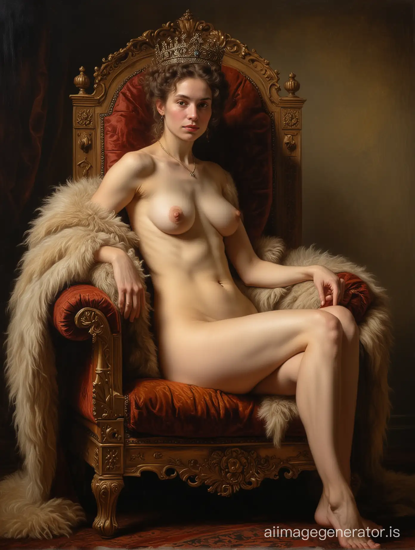 Rembrandt oil painting of a very hairy extraordinarily beautiful thin ancient nude Victorian queen sitting in her throne