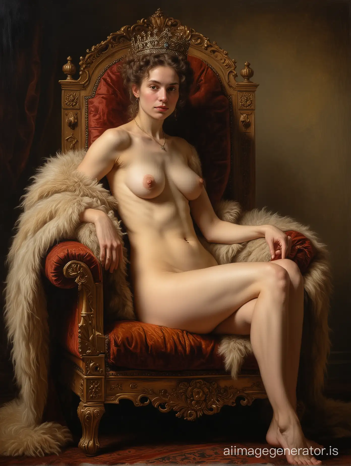 Rembrandt oil painting of a very hairy extraordinarily beautiful thin ancient nude Victorian queen sitting in her throne 