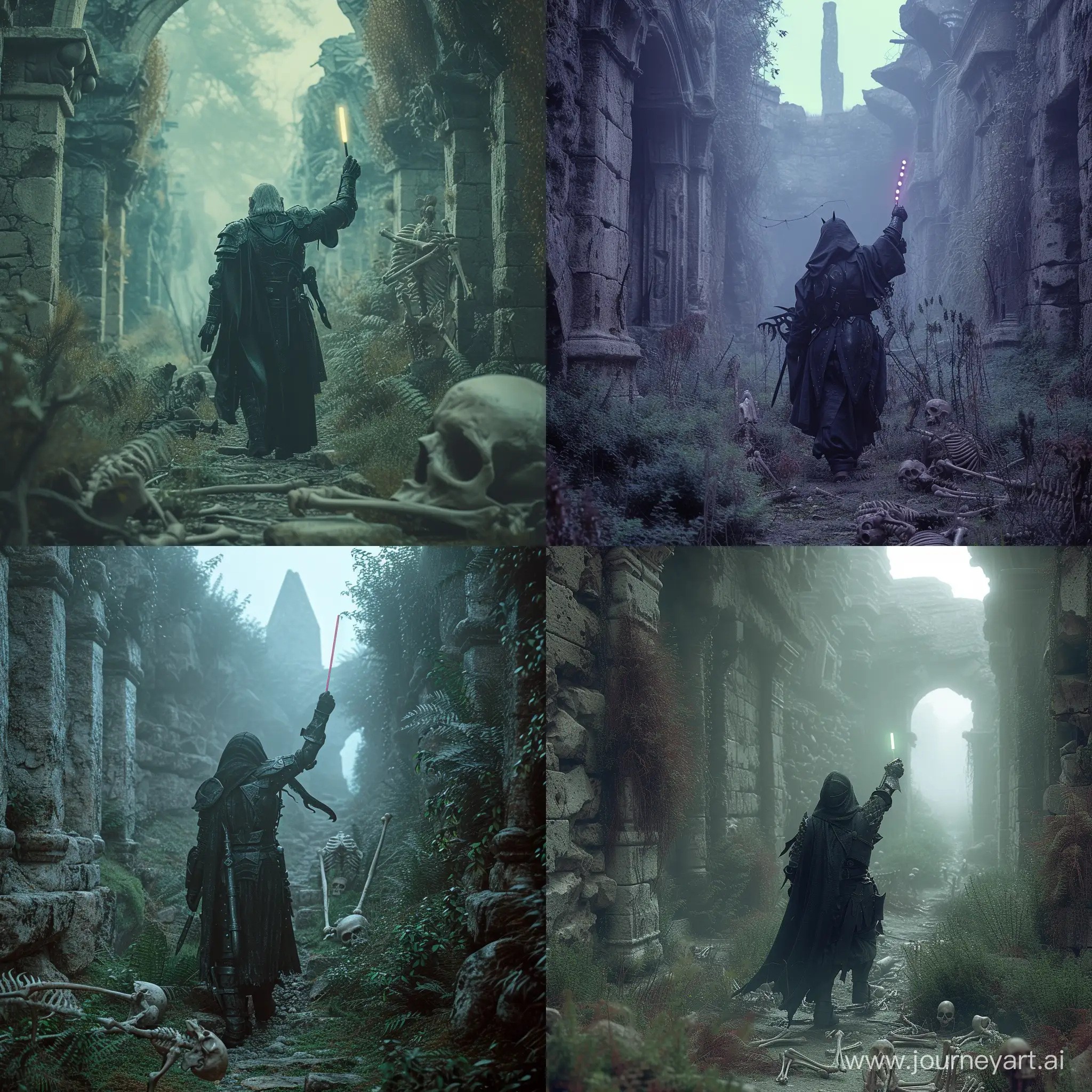 Enigmatic-Wizard-Explores-Mystical-Stone-Corridor-with-Glow-Stick