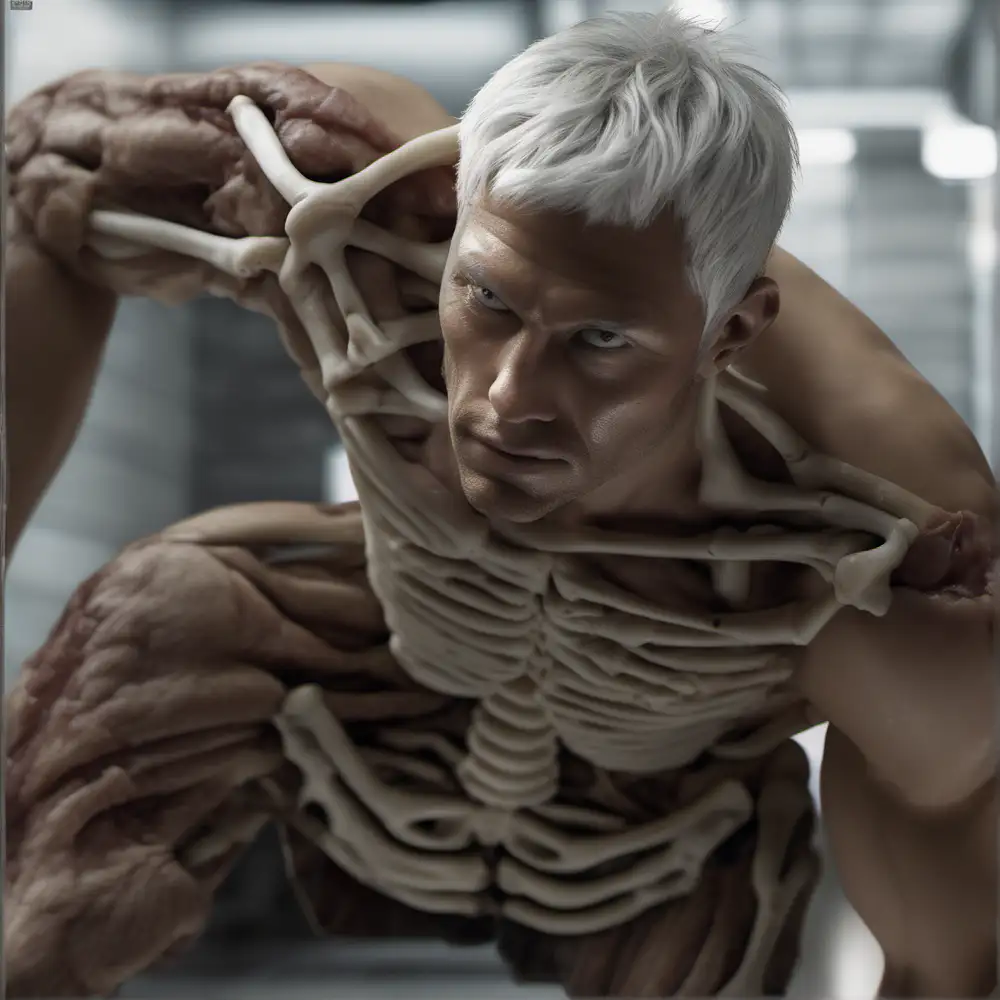 as real male human, plates of bones over his chest and shoulders and breast and face, keine Haut sodass man sein Muskelgewebe sieht, six pack, eyes covered by white organic lenses, and has short silver hair, 1 to 1 as on original picture, hyper-realistic, photo-realistic