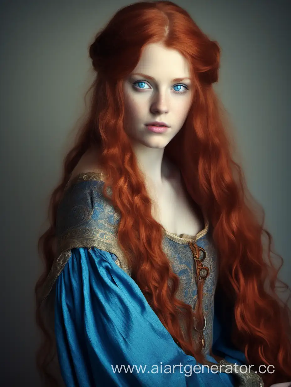 Beautiful girl, red long, thick hair, blue eyes, dressed in a 12th century dress