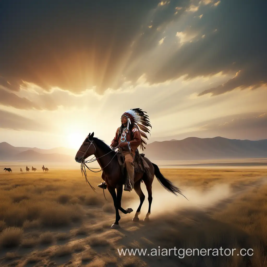 Кореной индеец на лошади скачущий по степи на встречу закату к своему племени