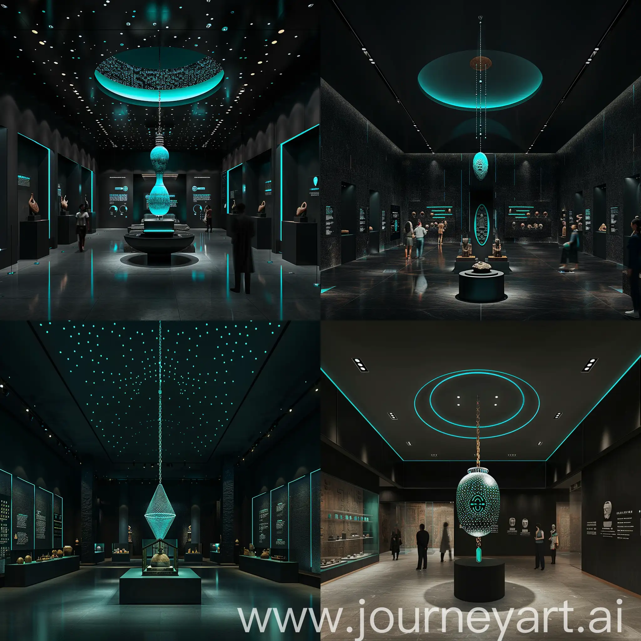设计一个专题的陈列馆，主要展示三星堆文物，展馆空间色调为黑色和浅墨绿色点缀，中间可以有个大的吊饰