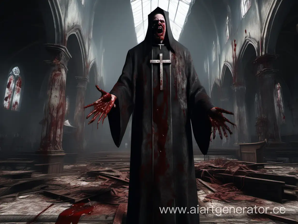 dilapidated dark church,  bloodied terrible priest with angry face, 4k, high detail, ultra-realism