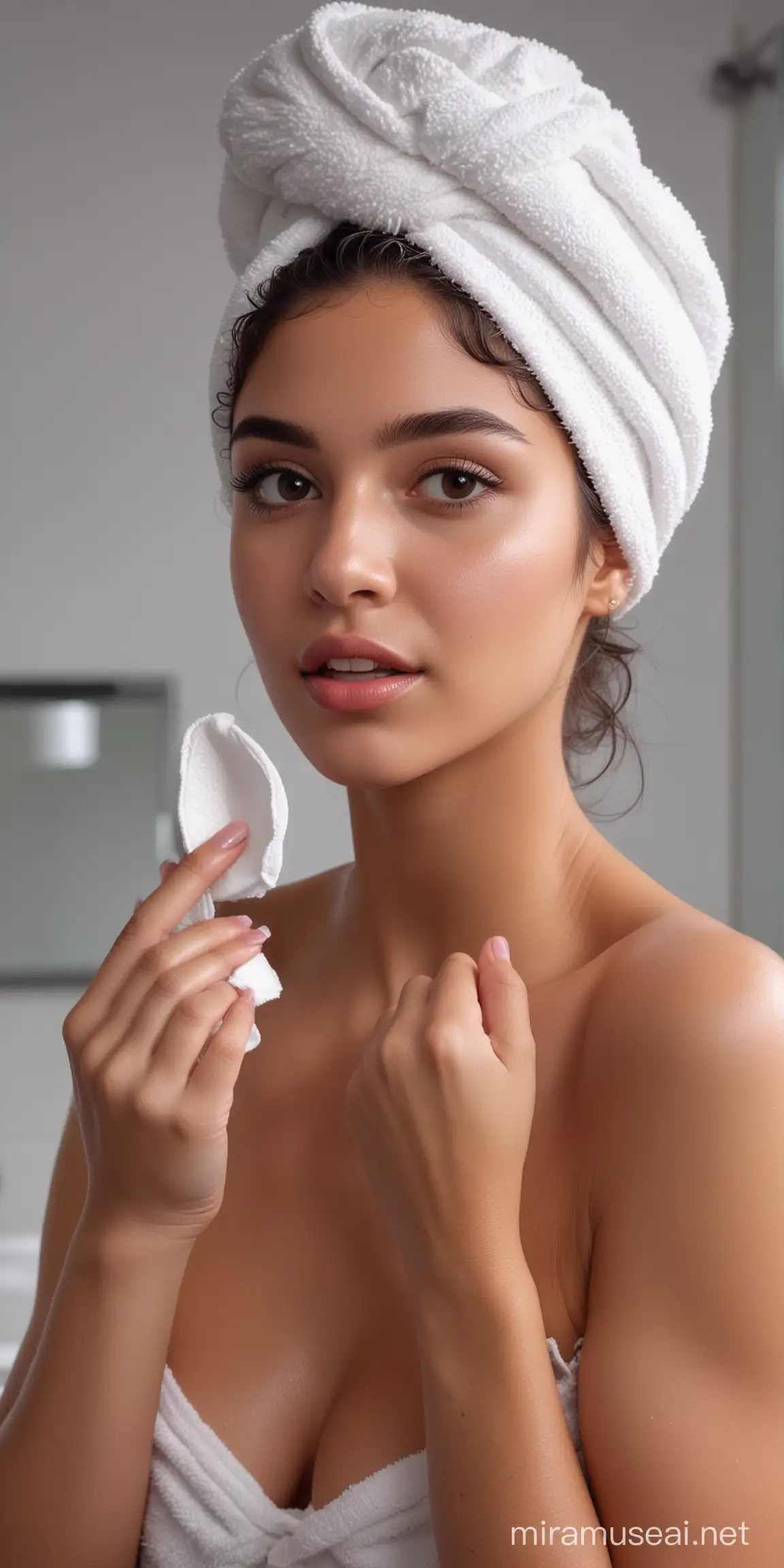 (medium shot), masterpiece,  best quality,  8k,  photo of ((extremely beautiful latin girl 25 yo:1.3)),((removing makeup from her face with a cotton pad, in the bathroom, wearing a white towel on her head)),((violet semi_curly short hair:1.1)),((messy cut)),white bra, midriff, black skirt), cropped jacket, (black jacket),perfect fingers,  charming,  alluring,  seductive,  enchanting,  detailed, make up, professional studio light, ((Extremely Realistic)), photorealistic