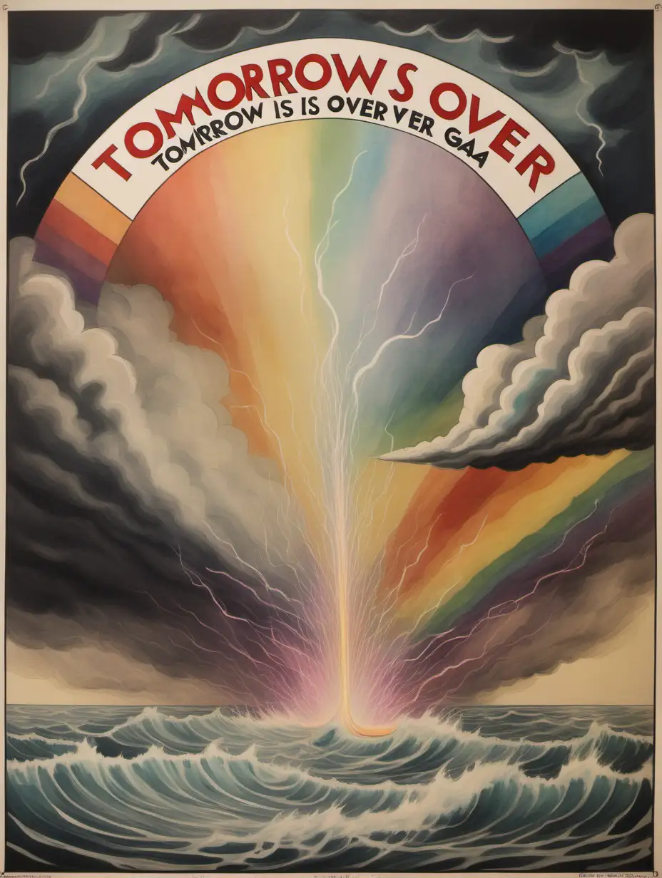 complicated hand painted protest poster with the text "TOMORROW IS OVER", 1920 look, asymmetrical atomic disease gas cloud, dull soft rainbow muted colors, nude human trapezoid with lightening rain on the stormy ocean