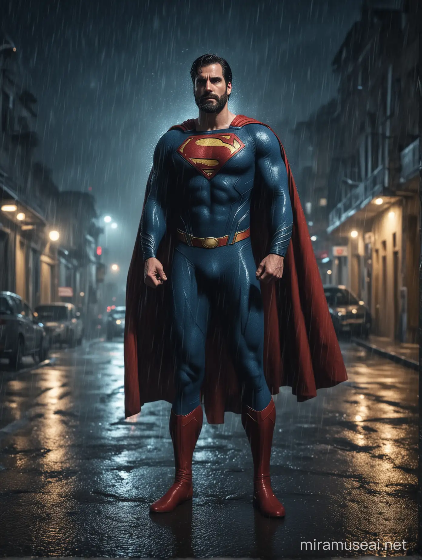 Mascular Superman with beard standing in street at night with rainfall 