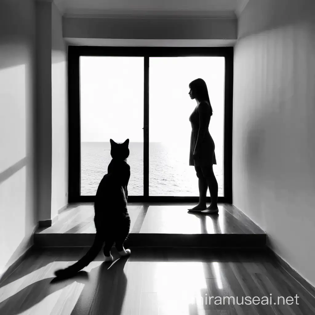 A shadow of cat and a woman looking from the window to outside,there is a sea to their sight