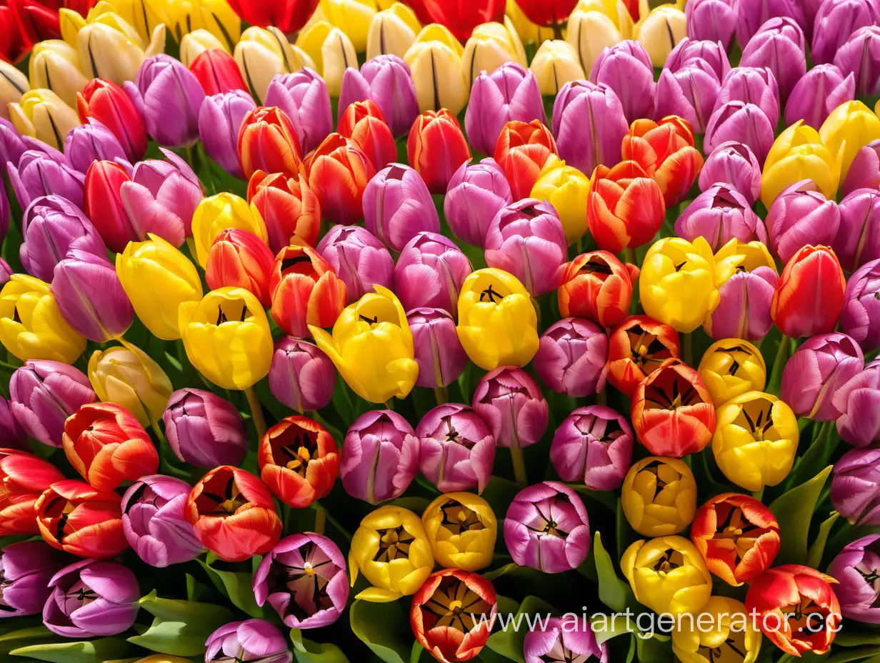 Много букетов разноцветных тюльпанов