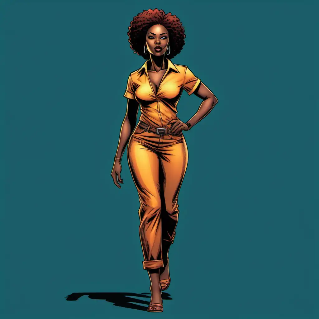 A beautiful african American woman, full body image. walking sideway, high quality comic book style, comic book style,sem iRealistic